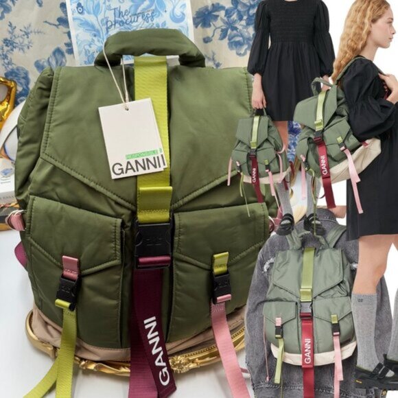 Ganni Handbags - 🆕 GANNI 🧿 NWT Recycled Tech Backpack, Kalamata Green & Purple/Pink